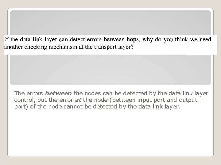 The errors between the nodes can be detected by the data link layer control, The errors between the nodes can be detected by the data link layer control,