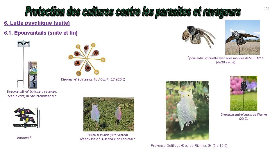 106 6. Lutte psychique (suite) 6. 1. Epouvantails (suite et fin) Épouvantail chouette avec