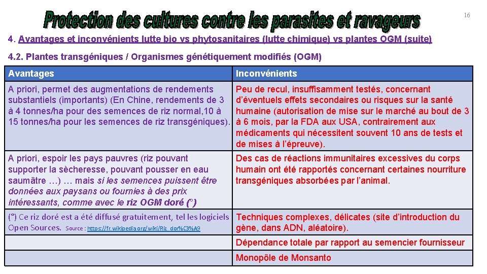 16 4. Avantages et inconvénients lutte bio vs phytosanitaires (lutte chimique) vs plantes OGM