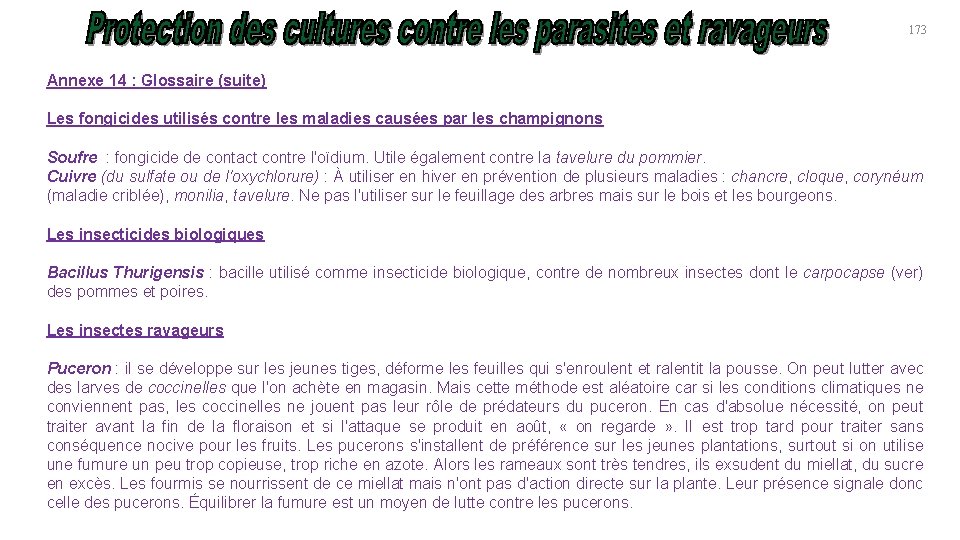 173 Annexe 14 : Glossaire (suite) Les fongicides utilisés contre les maladies causées par