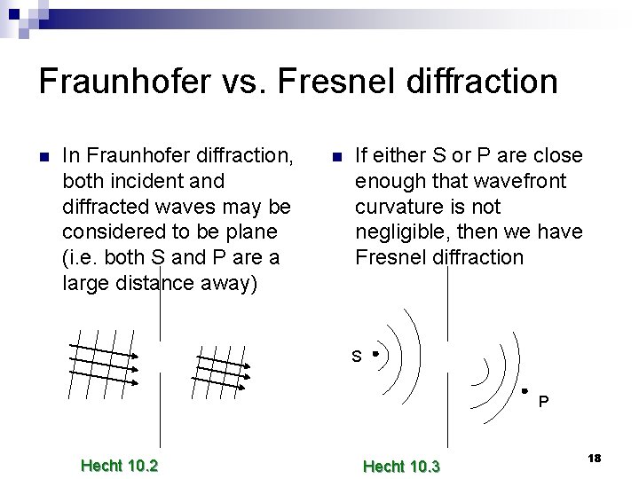 Fraunhofer vs. Fresnel diffraction n In Fraunhofer diffraction, both incident and diffracted waves may