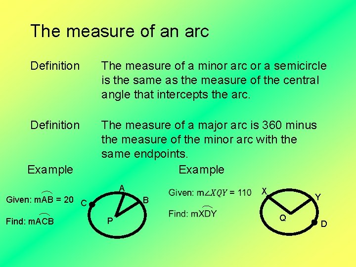 The measure of an arc Definition The measure of a minor arc or a