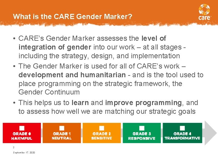 What is the CARE Gender Marker? • CARE’s Gender Marker assesses the level of
