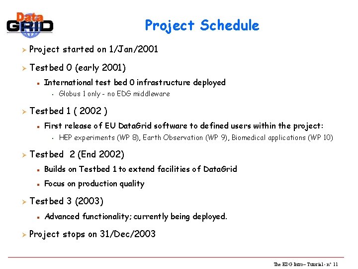 Project Schedule Ø Project started on 1/Jan/2001 Ø Testbed 0 (early 2001) n International