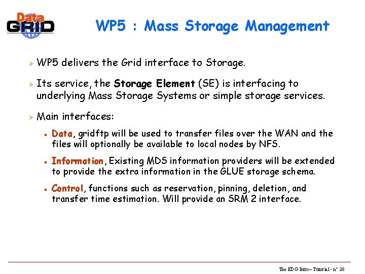 WP 5 : Mass Storage Management Ø Ø Ø WP 5 delivers the Grid