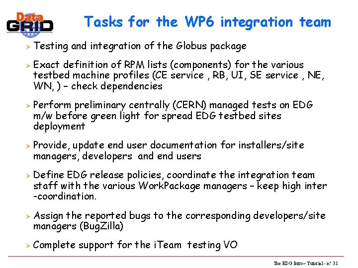 Tasks for the WP 6 integration team Ø Ø Ø Ø Testing and integration