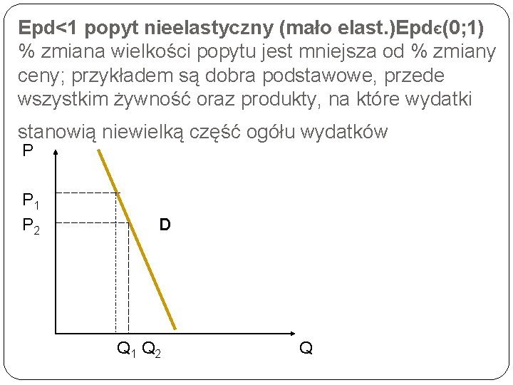 Epd<1 popyt nieelastyczny (mało elast. )EpdЄ(0; 1) % zmiana wielkości popytu jest mniejsza od