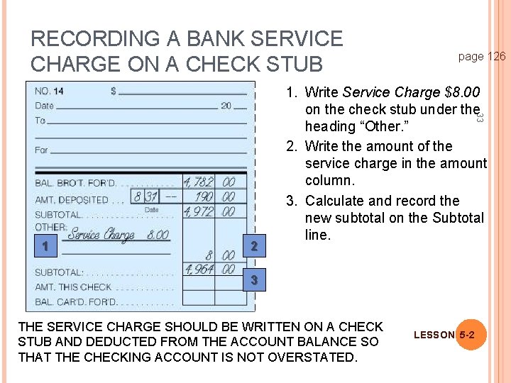 RECORDING A BANK SERVICE CHARGE ON A CHECK STUB page 126 33 1. Write