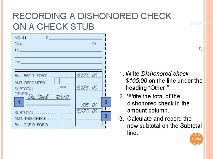 RECORDING A DISHONORED CHECK ON A CHECK STUB page 129 47 1 2 3