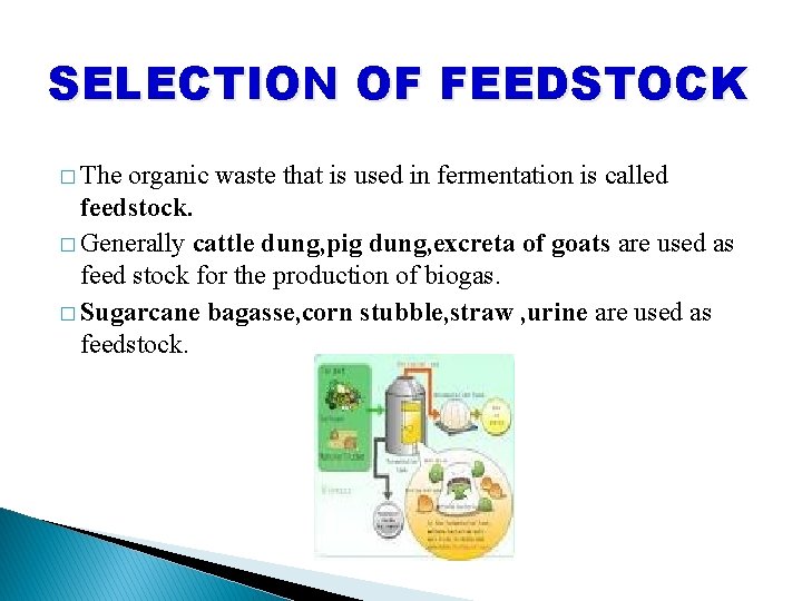 SELECTION OF FEEDSTOCK � The organic waste that is used in fermentation is called