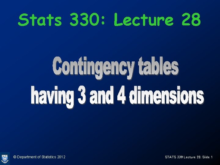 Stats 330: Lecture 28 © Department of Statistics 2012 STATS 330 Lecture 28: Slide Stats 330: Lecture 28 © Department of Statistics 2012 STATS 330 Lecture 28: Slide