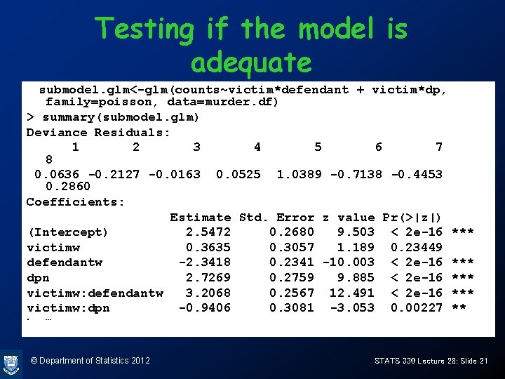 Testing if the model is adequate submodel. glm<-glm(counts~victim*defendant + victim*dp, family=poisson, data=murder. df) >