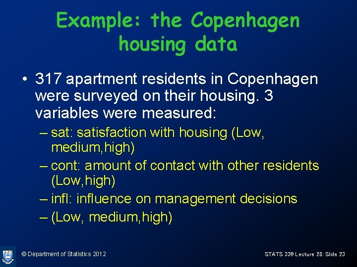 Example: the Copenhagen housing data • 317 apartment residents in Copenhagen were surveyed on