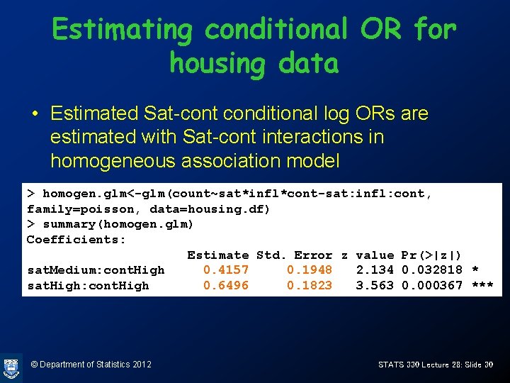 Estimating conditional OR for housing data • Estimated Sat-cont conditional log ORs are estimated