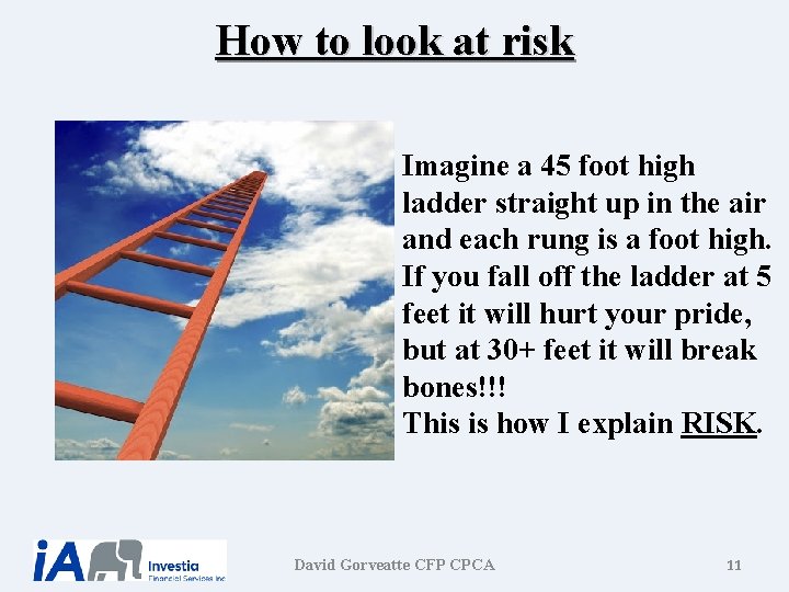 How to look at risk Imagine a 45 foot high ladder straight up in