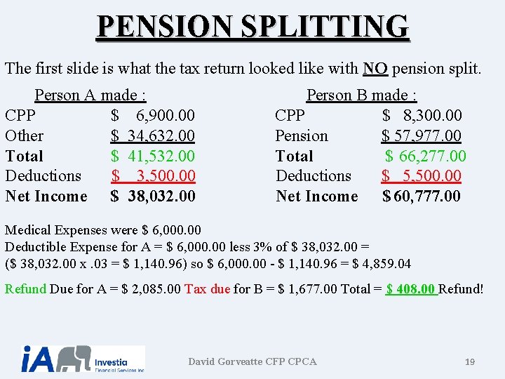 PENSION SPLITTING The first slide is what the tax return looked like with NO