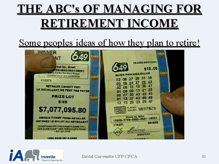 THE ABC's OF MANAGING FOR RETIREMENT INCOME Some peoples ideas of how they plan THE ABC's OF MANAGING FOR RETIREMENT INCOME Some peoples ideas of how they plan