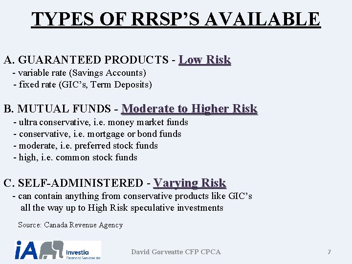 TYPES OF RRSP’S AVAILABLE A. GUARANTEED PRODUCTS - Low Risk - variable rate (Savings