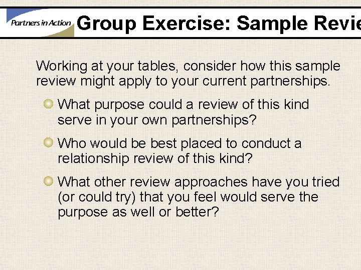 Group Exercise: Sample Revie Working at your tables, consider how this sample review might