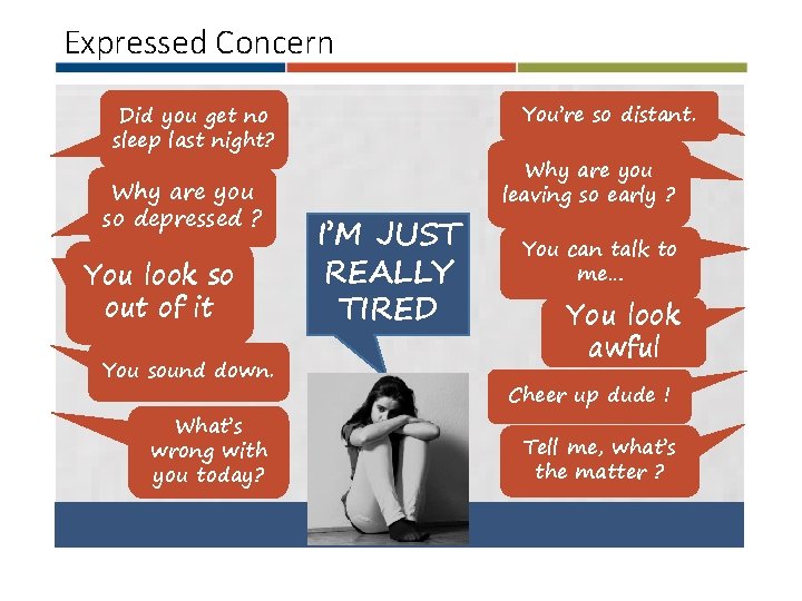 Expressed Concern You’re so distant. Did you get no sleep last night? Why are