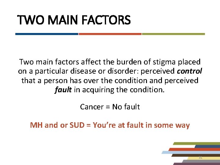 TWO MAIN FACTORS Two main factors affect the burden of stigma placed on a