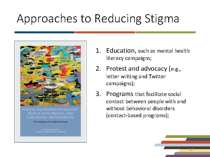 Approaches to Reducing Stigma 1. Education, such as mental health literacy campaigns; 2. Protest