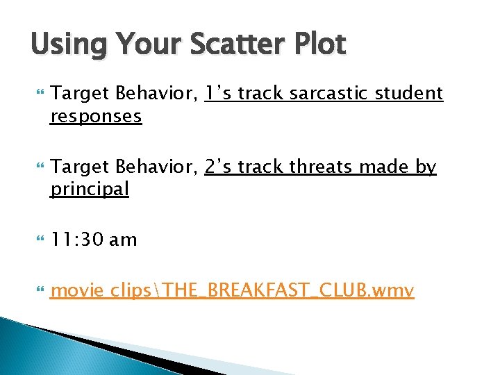 Using Your Scatter Plot Target Behavior, 1’s track sarcastic student responses Target Behavior, 2’s