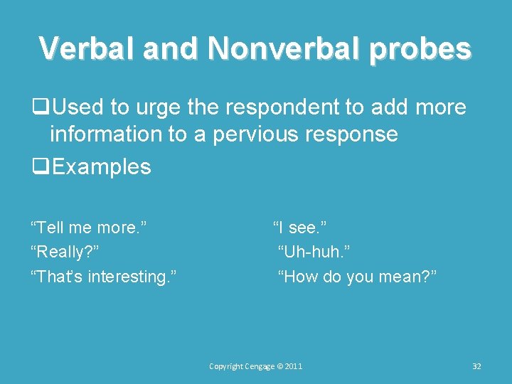 Verbal and Nonverbal probes q. Used to urge the respondent to add more information Verbal and Nonverbal probes q. Used to urge the respondent to add more information