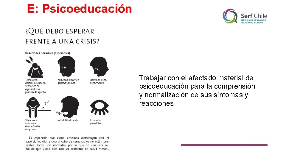 E: Psicoeducación Trabajar con el afectado material de psicoeducación para la comprensión y normalización