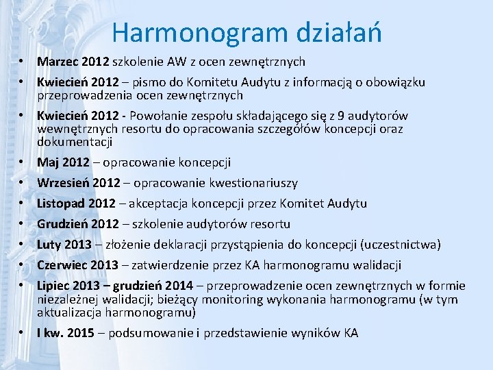 Harmonogram działań • Marzec 2012 szkolenie AW z ocen zewnętrznych • Kwiecień 2012 –