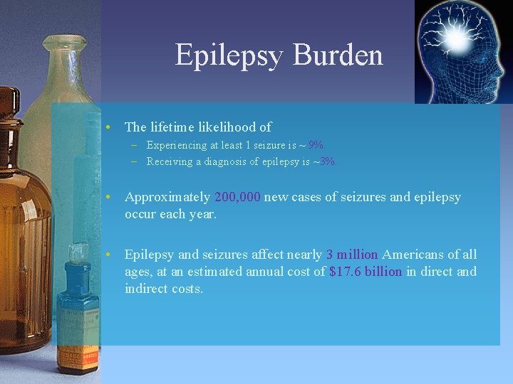 Epilepsy Burden • The lifetime likelihood of – Experiencing at least 1 seizure is