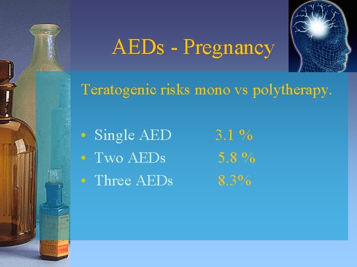 AEDs - Pregnancy Teratogenic risks mono vs polytherapy. • Single AED • Two AEDs