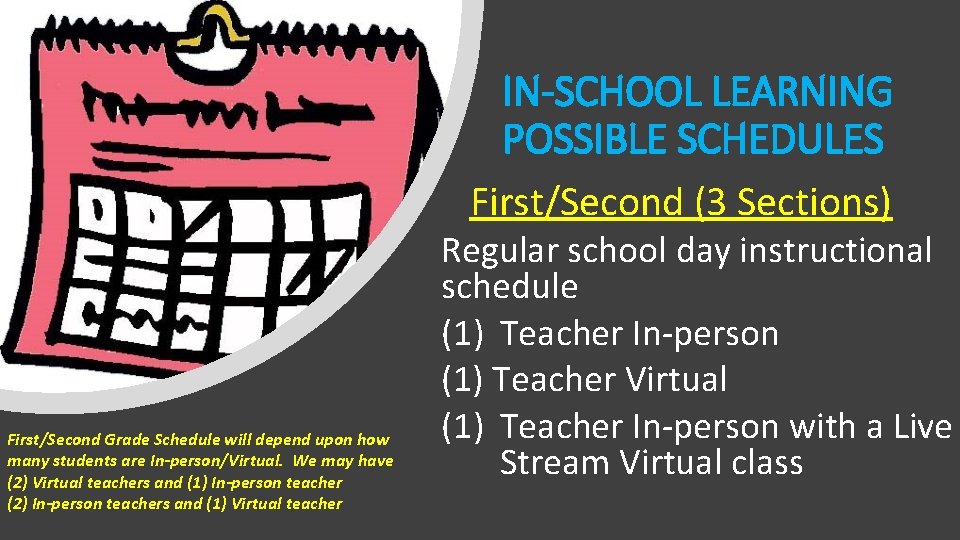 IN-SCHOOL LEARNING POSSIBLE SCHEDULES First/Second (3 Sections) First/Second Grade Schedule will depend upon how