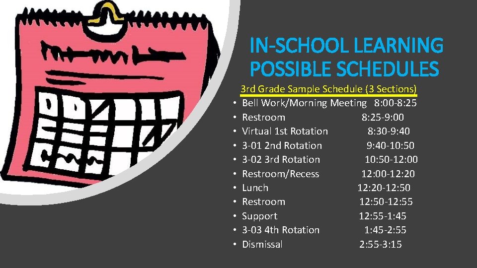 IN-SCHOOL LEARNING POSSIBLE SCHEDULES 3 rd Grade Sample Schedule (3 Sections) • Bell Work/Morning
