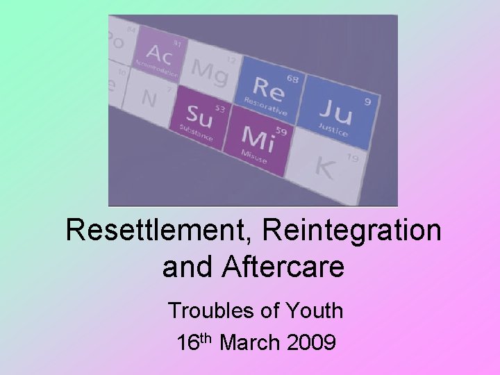 Resettlement, Reintegration and Aftercare Troubles of Youth 16 th March 2009 