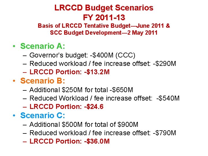 LRCCD Budget Scenarios FY 2011 -13 Basis of LRCCD Tentative Budget—June 2011 & SCC