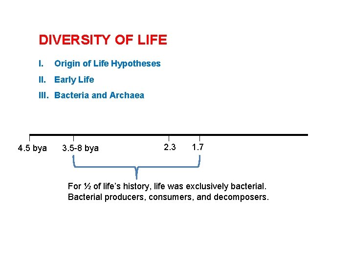 DIVERSITY OF LIFE I. Origin of Life Hypotheses II. Early Life III. Bacteria and