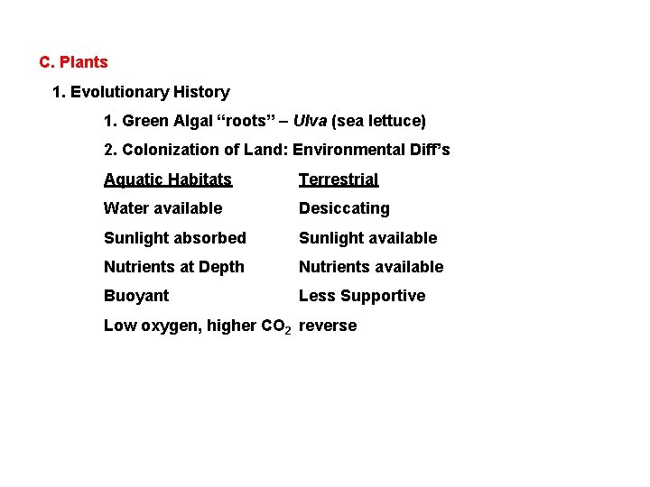 C. Plants 1. Evolutionary History 1. Green Algal “roots” – Ulva (sea lettuce) 2.