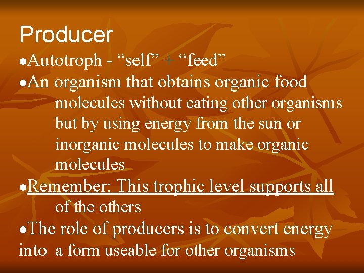 Producer Autotroph - “self” + “feed” l. An organism that obtains organic food l