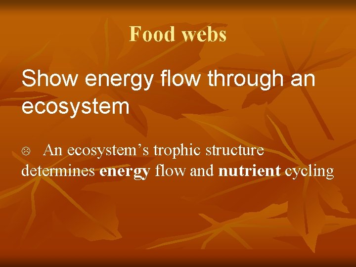 Food webs Show energy flow through an ecosystem An ecosystem’s trophic structure determines energy