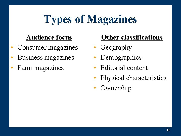 Types of Magazines Audience focus • Consumer magazines • Business magazines • Farm magazines Types of Magazines Audience focus • Consumer magazines • Business magazines • Farm magazines
