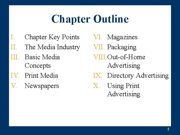 Chapter Outline I. Chapter Key Points II. The Media Industry III. Basic Media Concepts Chapter Outline I. Chapter Key Points II. The Media Industry III. Basic Media Concepts