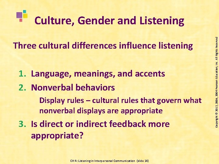 Three cultural differences influence listening 1. Language, meanings, and accents 2. Nonverbal behaviors Display