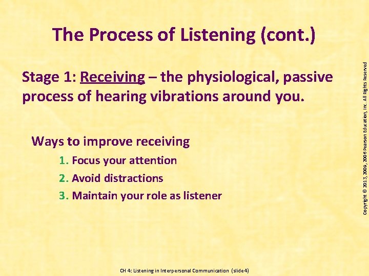 Stage 1: Receiving – the physiological, passive process of hearing vibrations around you. Ways