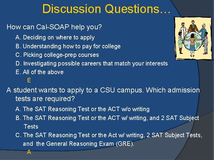 Discussion Questions… How can Cal-SOAP help you? A. Deciding on where to apply B.