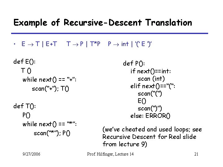 Example of Recursive-Descent Translation • E T | E+T T P | T*P def