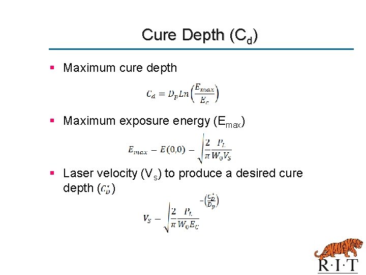 Cure Depth (Cd) § Maximum cure depth § Maximum exposure energy (Emax) § Laser