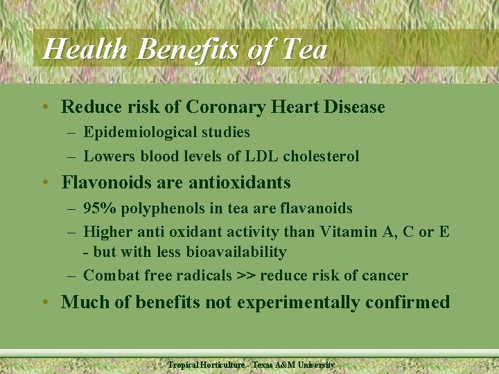 Health Benefits of Tea • Reduce risk of Coronary Heart Disease – Epidemiological studies