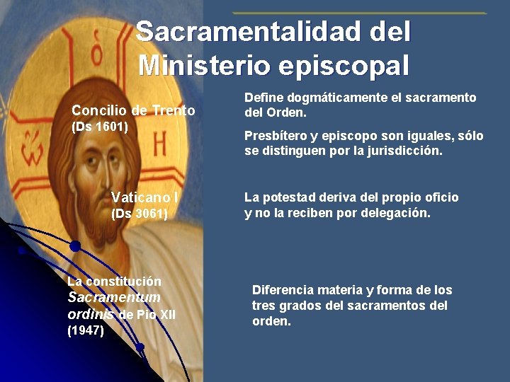 Sacramentalidad del Ministerio episcopal Concilio de Trento (Ds 1601) Vaticano I (Ds 3061) La