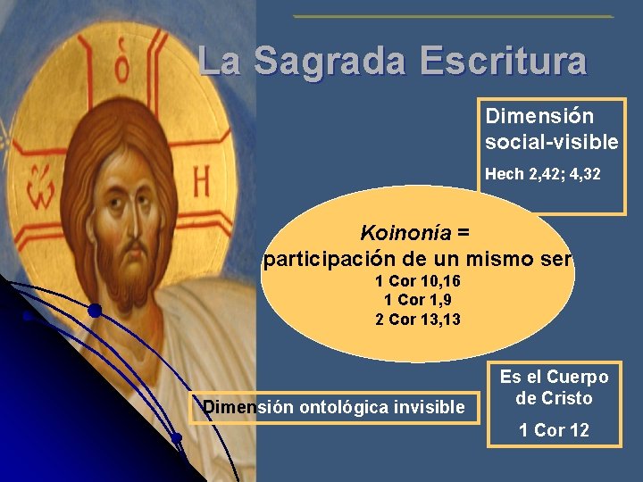 La Sagrada Escritura Dimensión social-visible Hech 2, 42; 4, 32 Koinonía = participación de